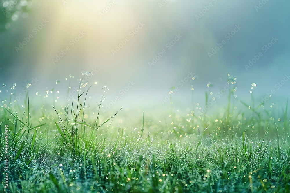 An ethereal foggy meadow with sparkling dew, leaving space for text