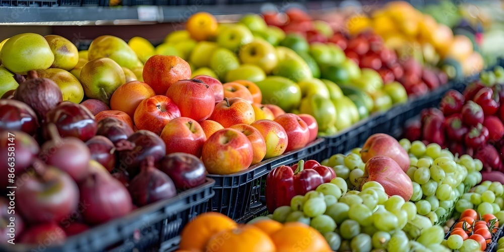 Vibrant produce arrangement in store encourages healthy choices for customers. Concept Healthy Eating, Vibrant Displays, Store Layout, Customer Choices, Produce Marketing Vibrant produce arrangement in store encourages healthy choices for customers. Concept Healthy Eating, Vibrant Displays, Store Layout, Customer Choices, Produce Marketing