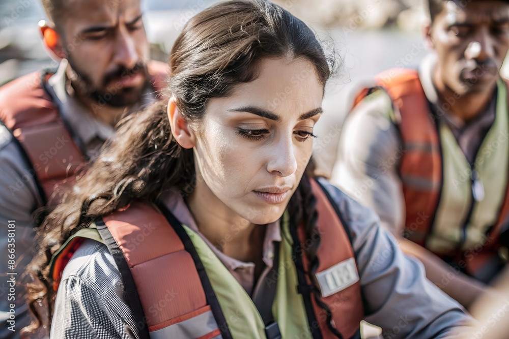 The close up picture of the hispanic female volunteer is working while wearing volunteer vest with blur background and looking at something, the volunteer require skill teamwork and an empathy The close up picture of the hispanic female volunteer is working while wearing volunteer vest with blur background and looking at something, the volunteer require skill teamwork and an empathy