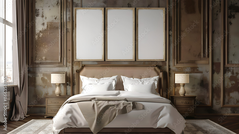 A photo frame, a blank photo frame on a wall with beautiful room interior design A photo frame, a blank photo frame on a wall with beautiful room interior design