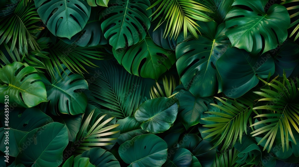 A vibrant and lush tropical background with various green leaves A vibrant and lush tropical background with various green leaves