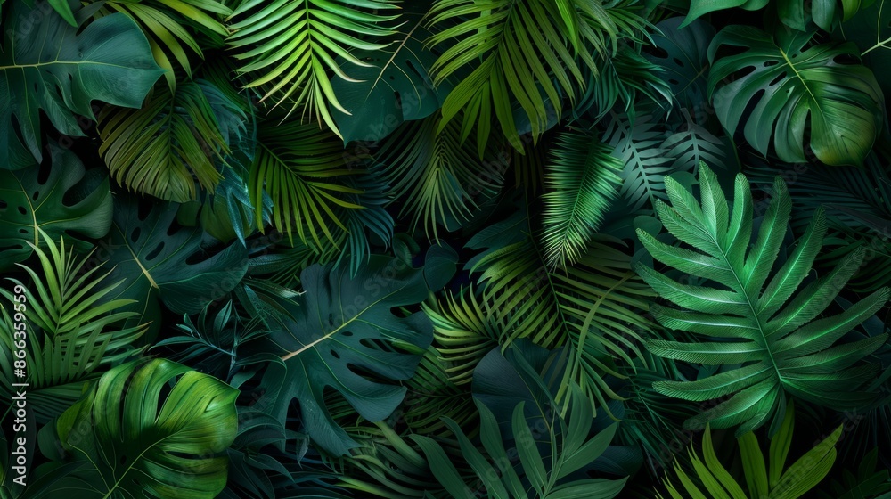 A vibrant and lush tropical background with various green leaves A vibrant and lush tropical background with various green leaves