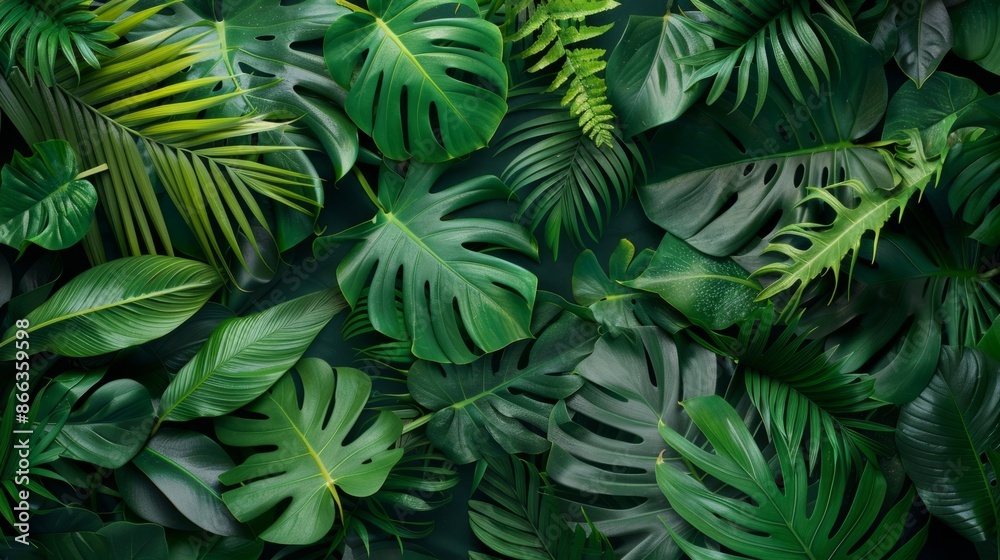 A vibrant and lush tropical background with various green leaves A vibrant and lush tropical background with various green leaves