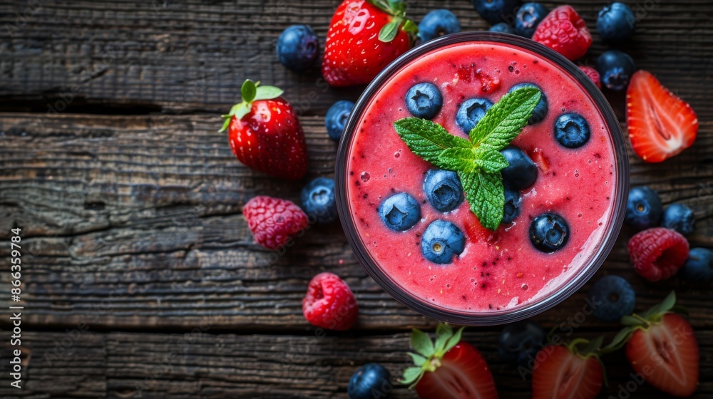 Berry Blast Smoothie: A close-up shot of a fresh mixed berry smoothie in a clear glass, topped with fresh strawberries, blueberries, and a sprig of mint. Berry Blast Smoothie: A close-up shot of a fresh mixed berry smoothie in a clear glass, topped with fresh strawberries, blueberries, and a sprig of mint.