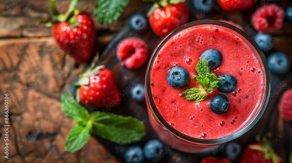 Berry Blast Smoothie: A close-up shot of a fresh mixed berry smoothie in a clear glass, topped with fresh strawberries, blueberries, and a sprig of mint. Berry Blast Smoothie: A close-up shot of a fresh mixed berry smoothie in a clear glass, topped with fresh strawberries, blueberries, and a sprig of mint.