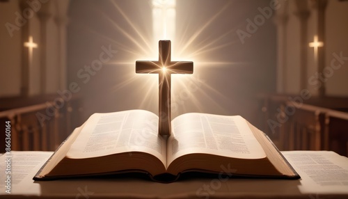 An open isolated bible with a glowing cross in the background, representing Christian faith