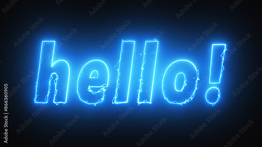 Hello neon lettering. Shiny simple calligraphy. Welcome signboard. Glowing effect banner. Text on brick wall. Luminous label. Editable stroke. Vector stock illustration