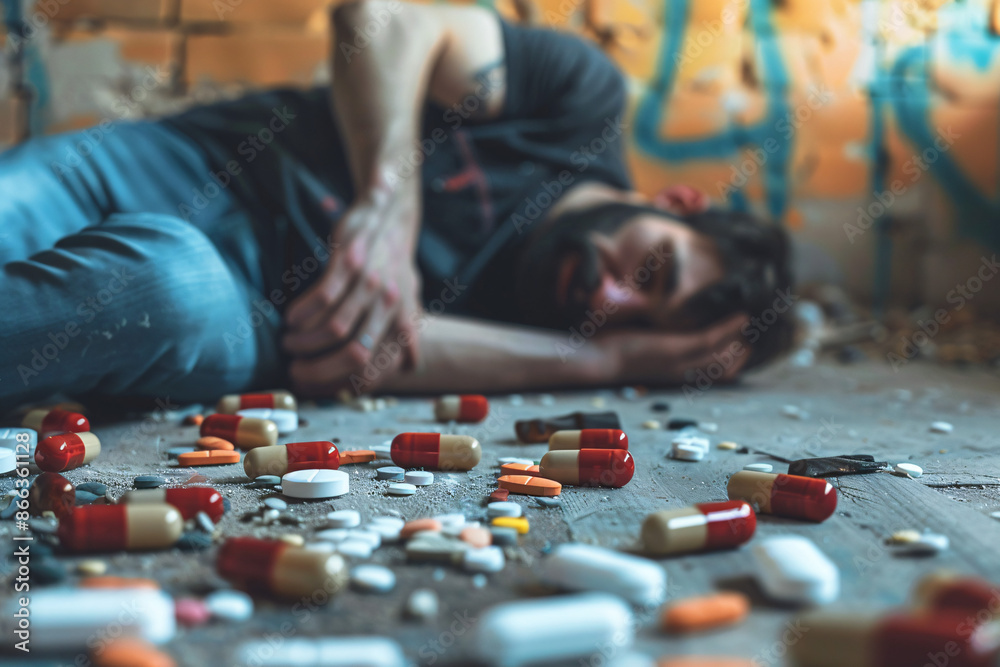 A man lying on the floor among scattered pills showing distress and potential overdose in a gritty urban setting illustrating drug addiction A man lying on the floor among scattered pills showing distress and potential overdose in a gritty urban setting illustrating drug addiction