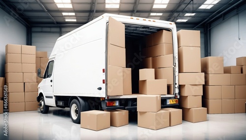 A commercial delivery van or box truck, its rear doors open, surrounded by a variety of empty cardboard boxes, inside the warehouse with white glossy floor  © abu