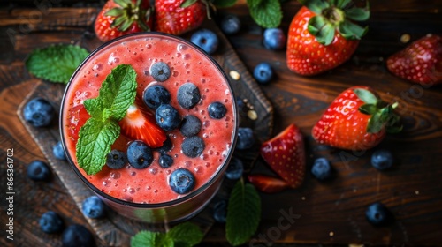 Berry Blast Smoothie: A close-up shot of a fresh mixed berry smoothie in a clear glass, topped with fresh strawberries, blueberries, and a sprig of mint. © steve