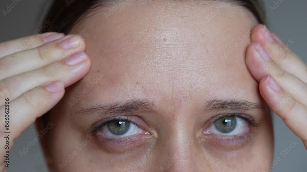 Close up of a young caucasian worried woman touching the forehead showing wrinkles on her face on a grey background. Wrinkling the forehead. Skin care. Beauty concept