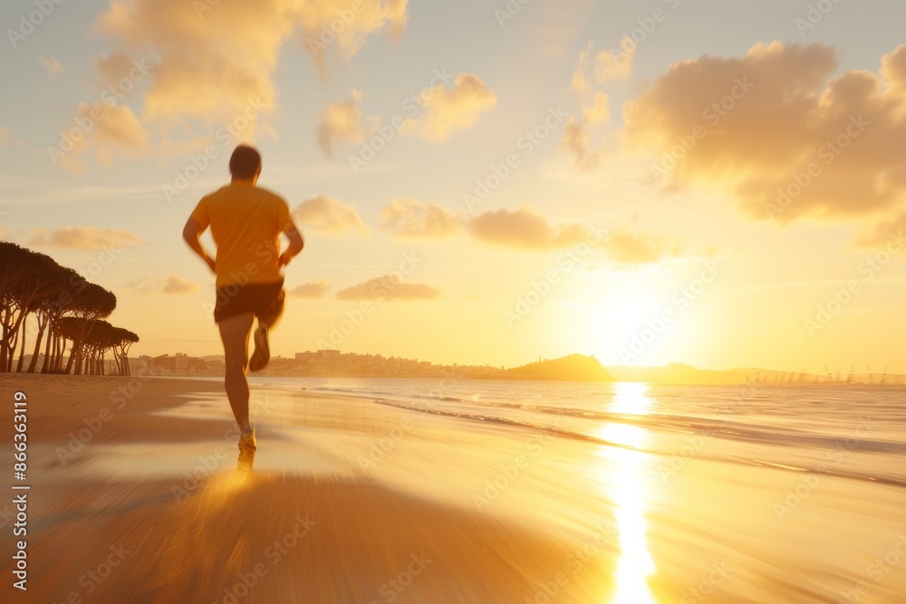 Silhouette of a Man Jogging on the Beach at Sunrise Silhouette of a Man Jogging on the Beach at Sunrise