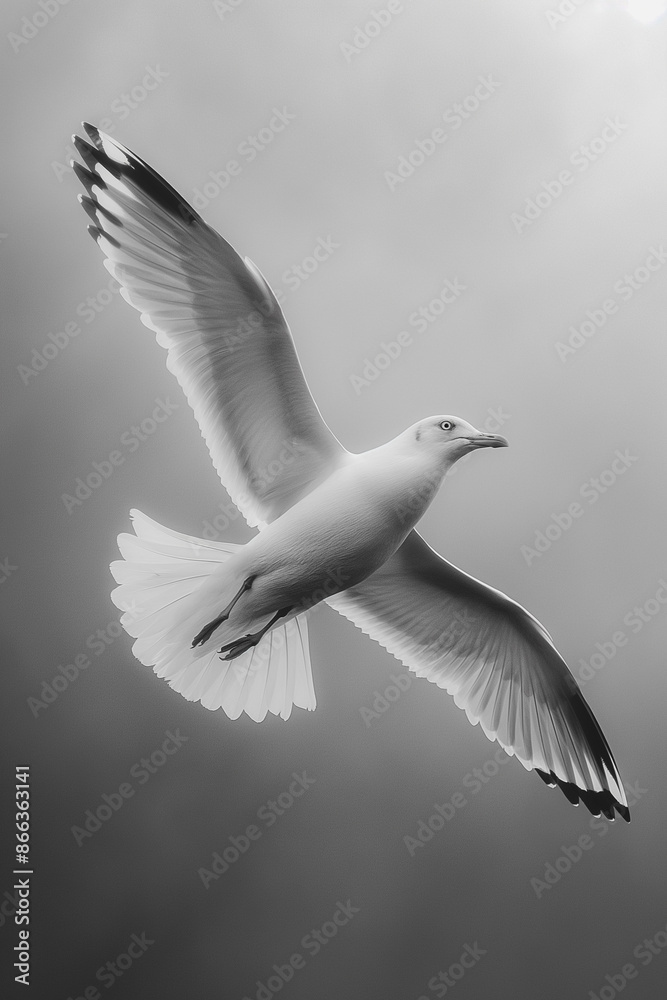 Obraz premium A white seagull is flying in the sky. The image is in black and white, giving it a timeless and classic feel. The bird's wingspan is large, and it is soaring effortlessly through the air