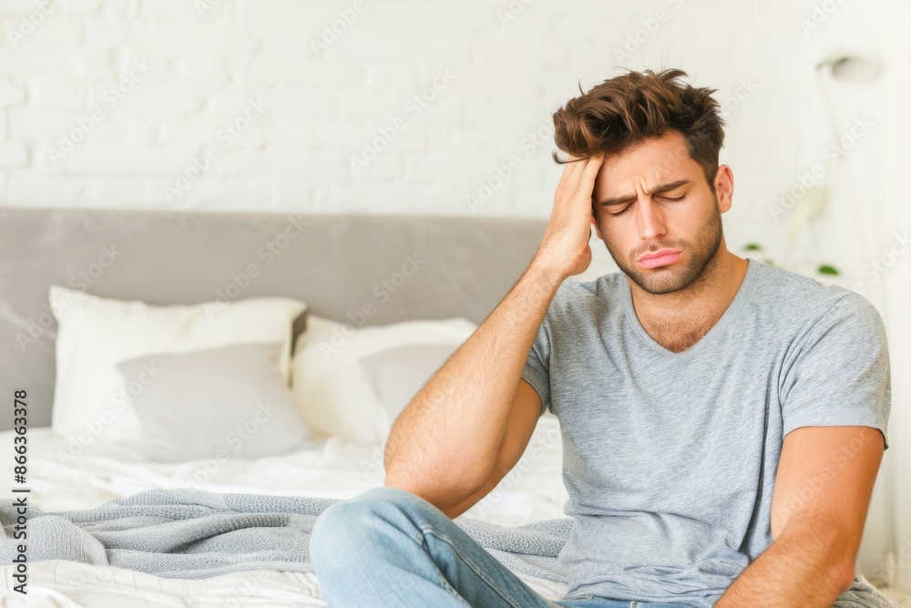 Young Man Experiencing Headache Sitting on Bed in Bright Bedroom Young Man Experiencing Headache Sitting on Bed in Bright Bedroom