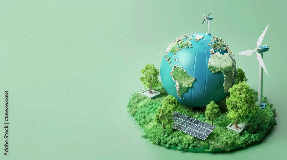 3D rendering of green earth with a windmill and solar panel on a light background for World Environment Day concept 3D rendering of green earth with a windmill and solar panel on a light background for World Environment Day concept