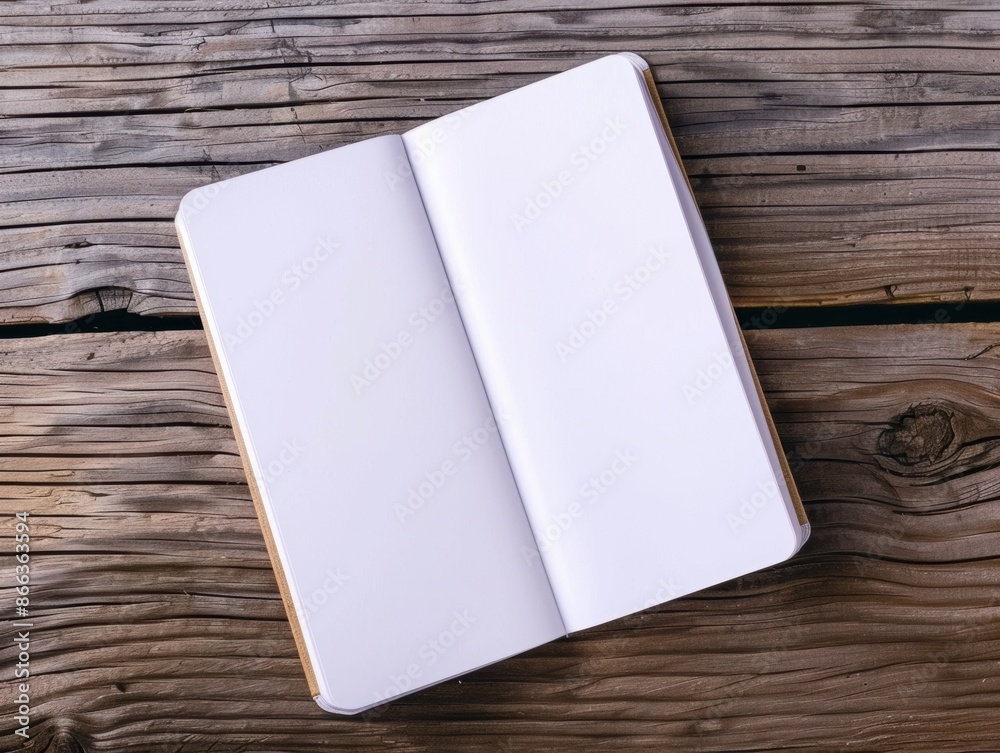 Fototapeta premium Open blank notebook on rustic wooden table, ready for writing, drawing or planning. Ideal for creative projects and note-taking.