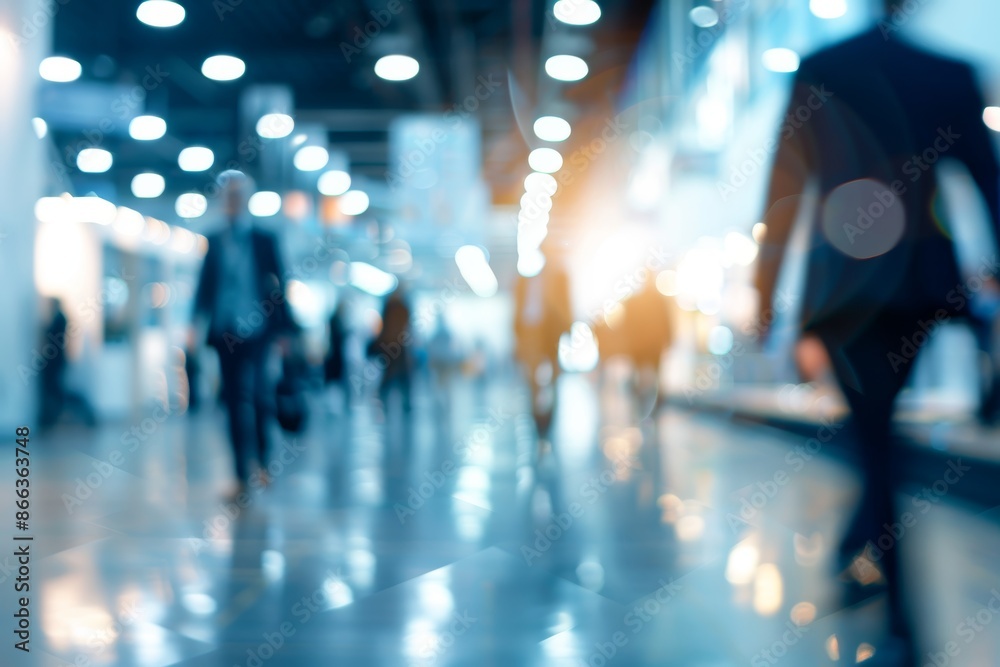 Blurred business individuals in motion at a modern trade fair or conference hall