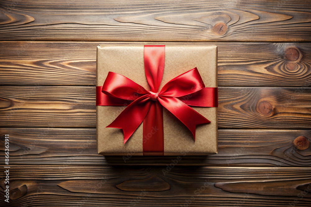 Gift box top view on brown wooden background . Holiday greeting card.Christmas background with craft gift box with red ribbon. Gift box top view on brown wooden background . Holiday greeting card.Christmas background with craft gift box with red ribbon.