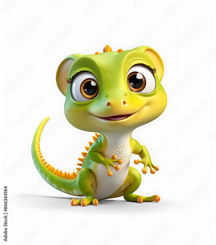 Fototapeta premium An adorable 3D cartoon gecko with big eyes and a friendly smile. Perfect for children's books, educational materials, or designs needing a cute and approachable character.