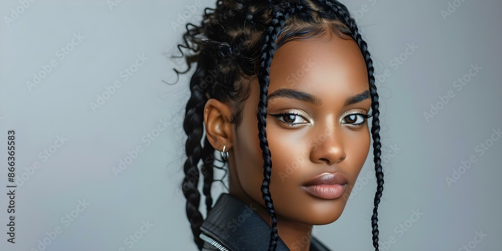 A stylish woman with cornrows poses against a grey background. Concept Fashion, Cornrows, Stylish Woman, Grey Background, Portrait