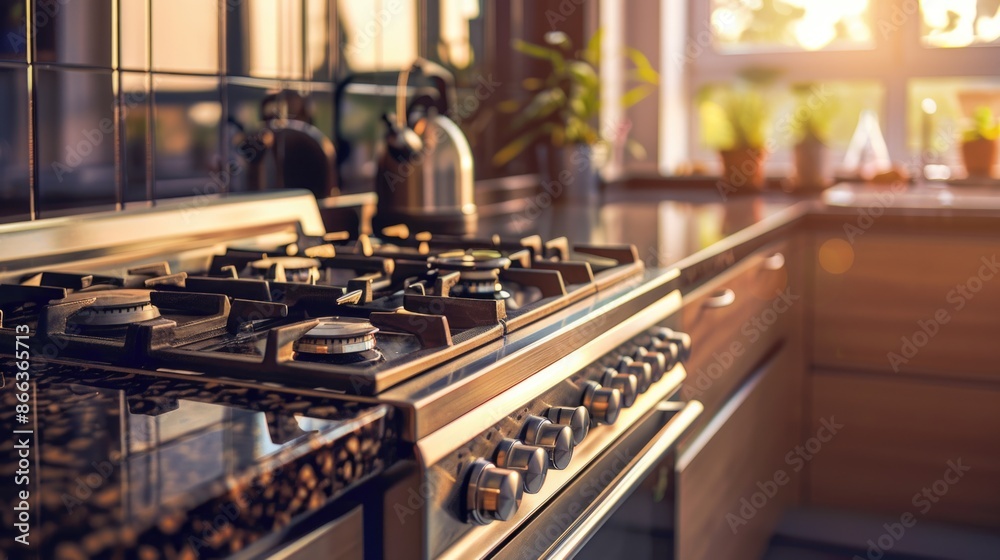 Large range style cooker in modern kitchen interior with granite worktop. Gas stove close-up. Home and cooking concept Large range style cooker in modern kitchen interior with granite worktop. Gas stove close-up. Home and cooking concept