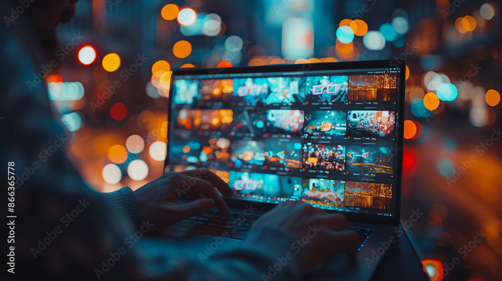 A person is using a laptop with a screen displaying a variety of images. The laptop is open to a page with a large image of a city skyline. The person is typing on the keyboard