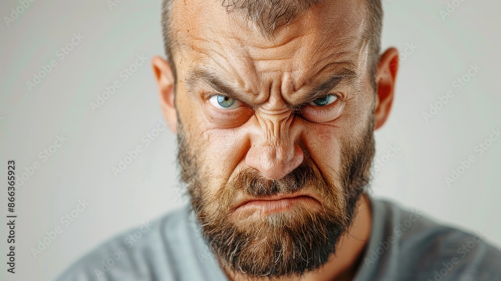 Close up portrait of man with angry expression. Concept of anger, aggression, frustration, and rage. Close up portrait of man with angry expression. Concept of anger, aggression, frustration, and rage.
