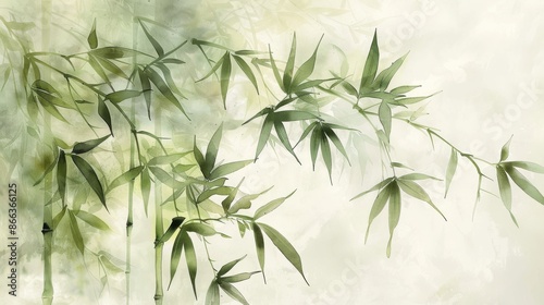 Watercolor painting of bamboo leaves and branches, a minimalist, zen design. Concept of nature, peace, harmony, and serenity.