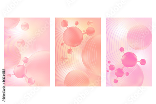 Nude pink beauty molecule poster set, hyaluronic acid or collagen ball, vector bio abstract scientific icon. Great for cosmetology advertisement. Beauty science skin care molecular concept