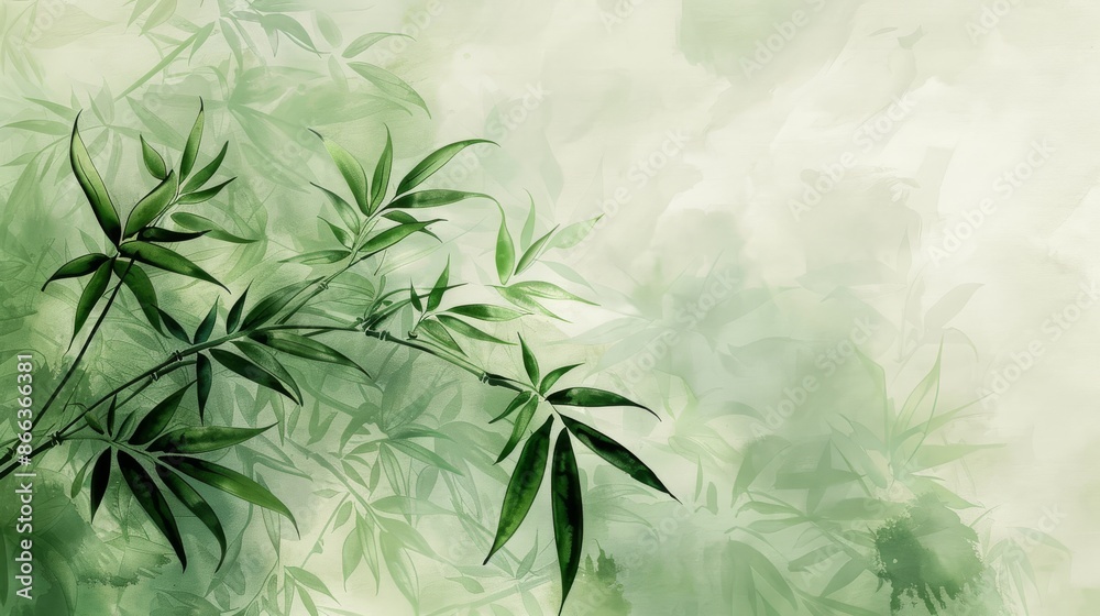 Watercolor painting of green bamboo leaves and branches with blurred background. Abstract nature art, minimalist design, botanical illustration.