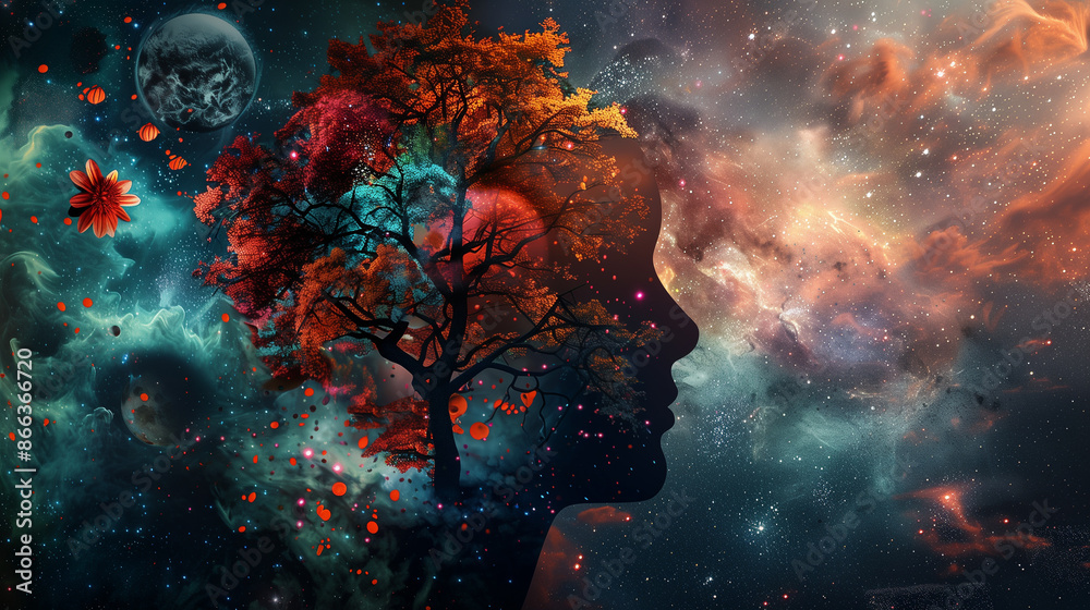 Silhouette of Woman Blending with Cosmic and Nature Elements Silhouette of Woman Blending with Cosmic and Nature Elements