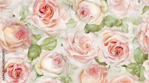 Light pink roses seamless pattern. Light cream roses arrangement. collection garden flowers and leaves. watercolor hand painting illustration
