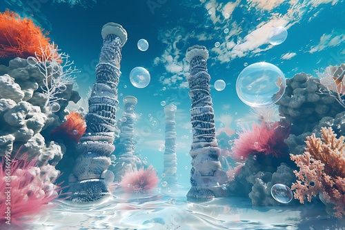 An underwater dreamscape with coral towers and floating bubbles