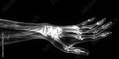 Radiographic Image of Two Hands: Bone and Joint Structure on Black Background, Detailed Hand X-ray: Anatomy of Bones and Joints with Dark Background photo
