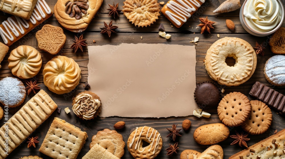 Assortment of freshly baked cookies, biscuits, and pastries around blank brown paper with copy space. Concept of homemade treats, baking, and tea time. Assortment of freshly baked cookies, biscuits, and pastries around blank brown paper with copy space. Concept of homemade treats, baking, and tea time.