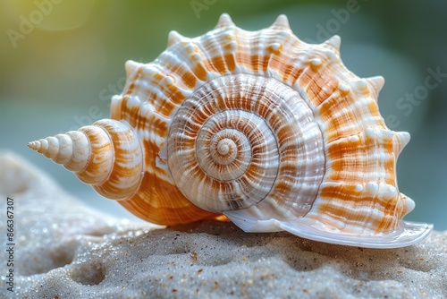 An exquisitely detailed close-up image of a spiral seashell with pronounced spikes, showcasing its intricate patterns and natural colors, symbolizing the beauty and diversity of ocean life.