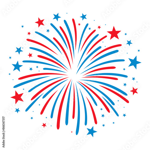 Fireworks on white background, 4th of July, blue red stars & sparks, firework clipart no background, sparklers, icon, vector, illustration for Xmas, new year, holiday, birthday, party, USA