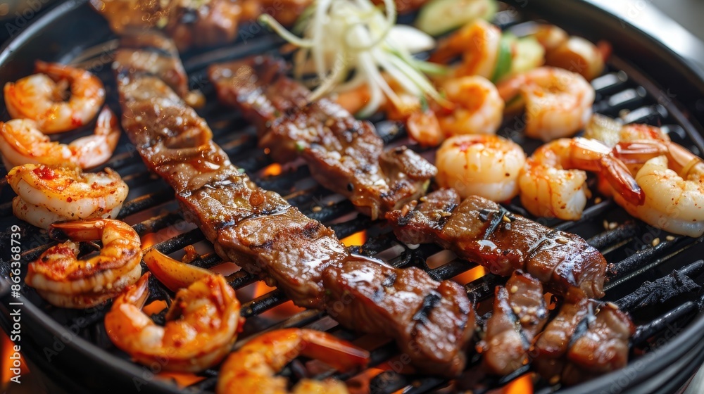 Korean style BBQ grill with shrimp pork and beef Korean style BBQ grill with shrimp pork and beef