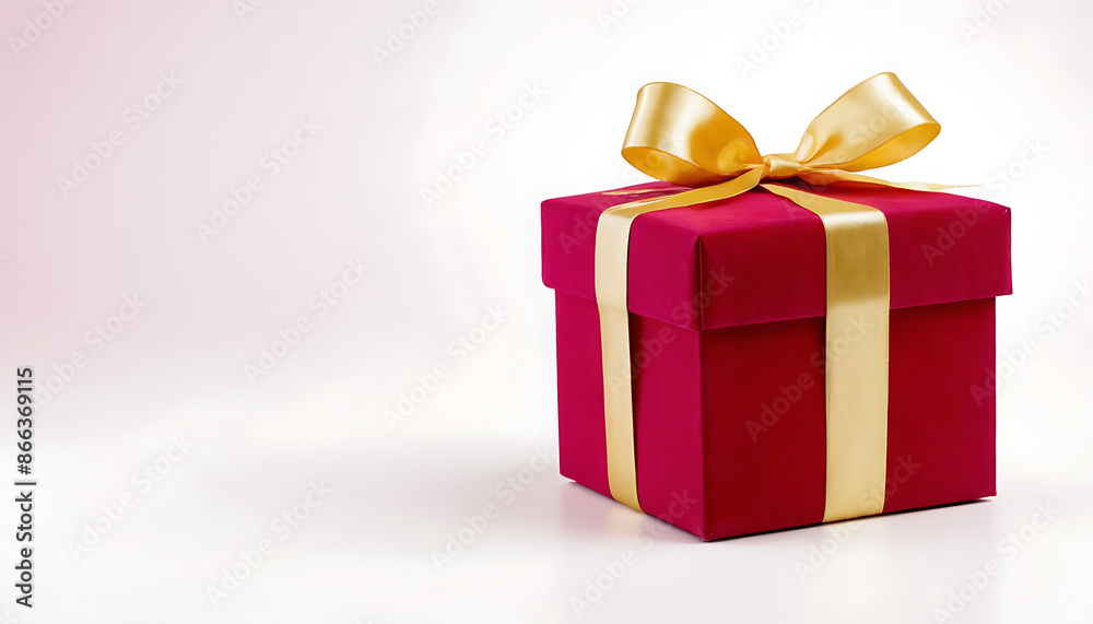 Fototapeta premium A single red gift box with a gold ribbon, perfect for representing holidays, birthdays, celebrations, or special occasions. Ideal for websites, ads, or social media posts promoting gifts, products, or