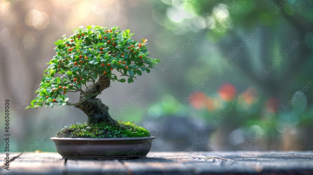 Bonsai tree with red berries in a pot on a wooden table in a garden. Tranquil Japanese bonsai plant with shallow depth of field. Concept of nature, patience, and miniature gardening. Bonsai tree with red berries in a pot on a wooden table in a garden. Tranquil Japanese bonsai plant with shallow depth of field. Concept of nature, patience, and miniature gardening.