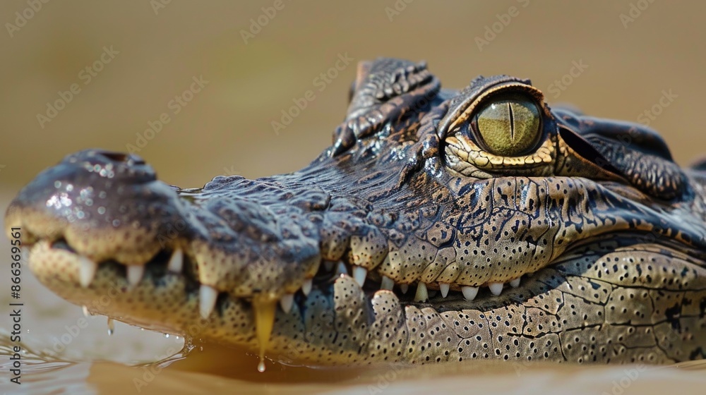 Obraz premium Macro of a crocodile head in a river.