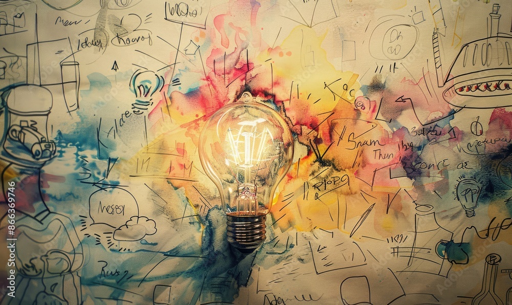 Glowing Lightbulb on Abstract Watercolor Background