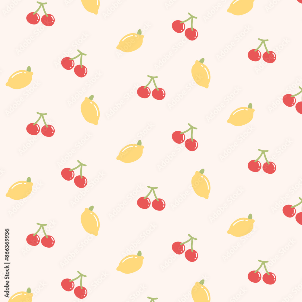 Lemon and cherry seamless pattern. Cute tropical fruit background.