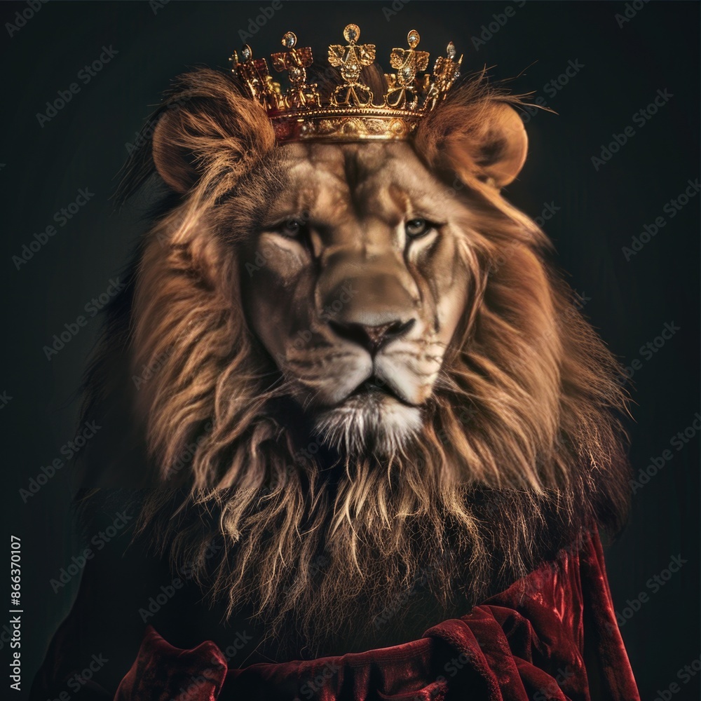 Majestic lion king wearing a golden crown and a royal red mantle, with ...