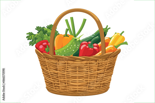 Wicker basket full of fresh vegetables vector illustration. Basket with vegetables. Wicker basket with vegetables isolated on a white background, Flat style cartoon vector illustration.