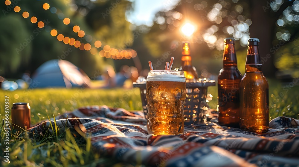 Independence Day picnic setup with an ice bucket holding two beers, an American flag, and fireworks rockets on a sunny day