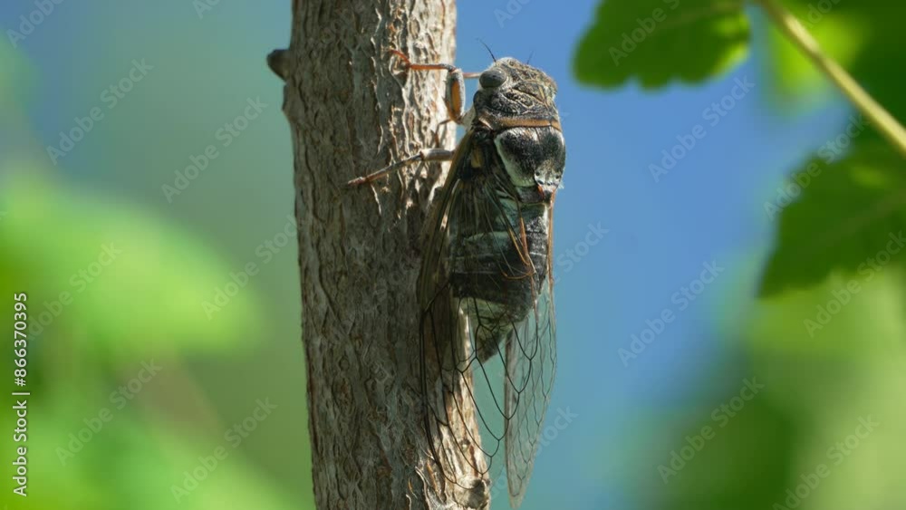 A cicada sits on a tree at summer, closeup shot. Singing loudly to call the female. Intense buzzing of cicadas. Cicada Lyristes plebejus. Selective focus A cicada sits on a tree at summer, closeup shot. Singing loudly to call the female. Intense buzzing of cicadas. Cicada Lyristes plebejus. Selective focus