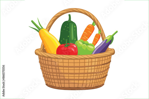 Wicker basket full of fresh vegetables vector illustration.    Basket with vegetables. Wicker basket with vegetables isolated on a white background, Flat style cartoon vector illustration. 