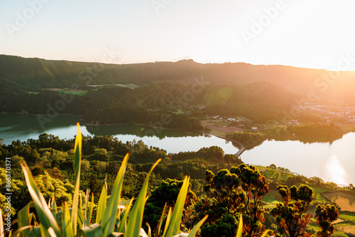 Sete Cidades twin lake, sunset mood, Azores islands, travel in Portugal.
