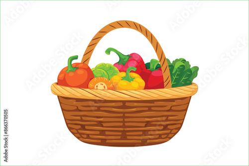 Wicker basket full of fresh vegetables vector illustration.    Basket with vegetables. Wicker basket with vegetables isolated on a white background, Flat style cartoon vector illustration. 